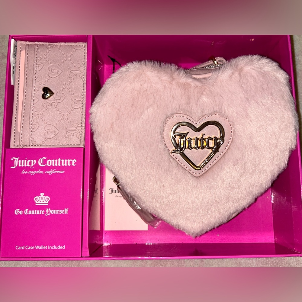 🎀Juicy Couture Blush Pink Heart Fluffy Purse Bag & Cardholder Gift Set🎀